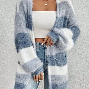 Blue & White Casual Women's Warm Faux Fur Blue And White Loose Knit Cardigan